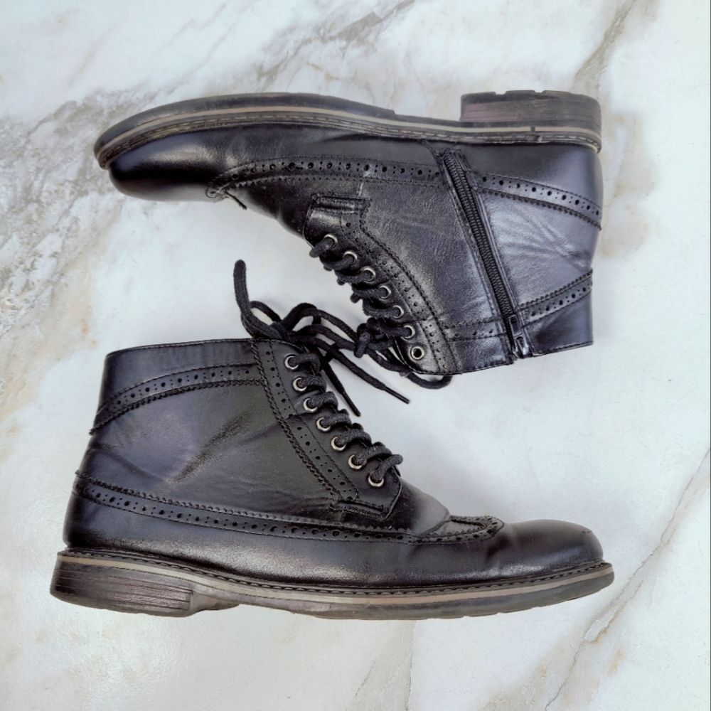 Mario Lopez Men's Sam-01 Black Wingtip Lace Up Side Zip Ankle Dress Boots, Sz 9